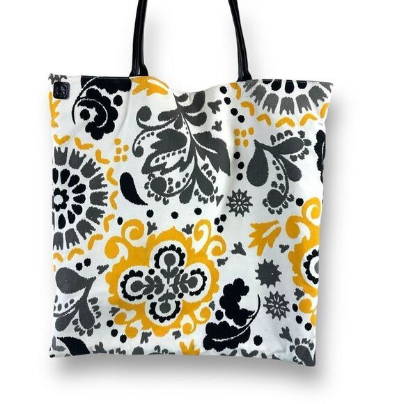 Pure Honey Reversible Canvas Market Tote Black Yellow Swirl Floral To Polka Dots - Picture 2 of 11